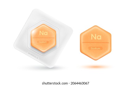Pills capsules orange essential chemical sodium minerals or Dietary element. Vitamin complex food sources for human body needs them to grow and stay healthy. Realistic 3D vector Illustration.