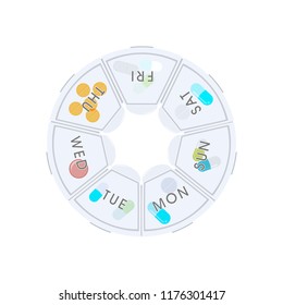 Pills and capsules in pill organizer. Medical Concept, Illustration of Pharmacy Bag with Pill Container or Pill Box Isolated on A White Background. Vector Illustration.