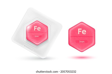 Pills capsules pink essential chemical iron minerals or Dietary element. Vitamin complex food sources for human body needs them to grow and stay healthy. Realistic 3D vector Illustration.