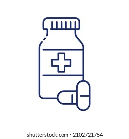 Pills in capsules with plastic jar outline icon. Collection of stylish icons on the theme of medical tools, drugs and healthcare diagnostics. Vector monochrome illustrations isolated on white backgrou