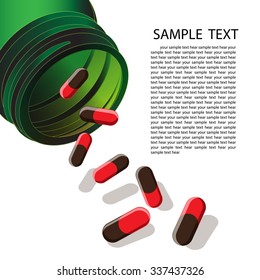 Pills capsules pouring out of the green bottle and text space on white background vector illustration.