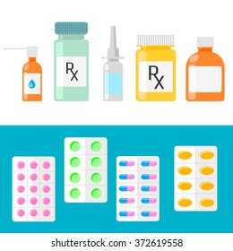 Pills, capsules and prescription bottles. Medical icons vector set. Pharmaceutical products.