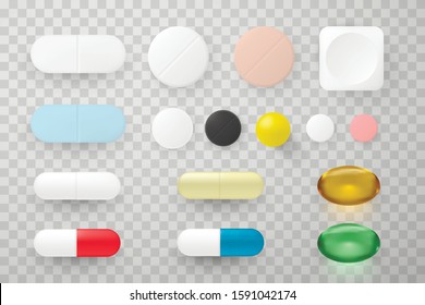 Pills and capsules realistic 3d vector illustrations set. Tablets, vitamins and food supplement isolated on transparent background. Medicament, treatment, medication and pharmacology