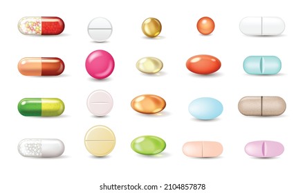 Pills and capsules realistic set. Tablets, vitamins and food supplement isolated on white background. Medicament, treatment, medication and pharmacology concept. 3d vector illustration