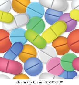 Píldoras y cápsulas Patrón sin soldadura. Medicina o suplementos dietéticos. Diferentes colores, formas 3d Vector.