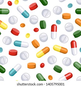 Pills and capsules seamless pattern on white background. Bright colored tablets  in cartoon flat style. Vector illustration of medical pharmacological drugs.