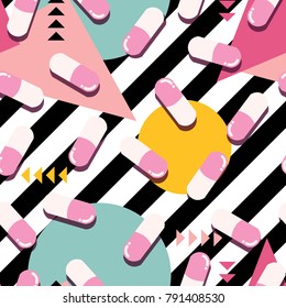 Pills and capsules seamless pattern, pop modern design, bold colors and geometry, vector illustration
