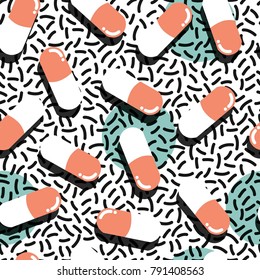 Pills and capsules seamless pattern, pop modern design, bold colors and geometry, vector illustration
