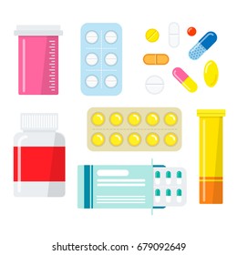 Pills And Capsules Set. Pharmaceuticals Dosage, Drug Store Poster, Medical Concept. Vector Flat Style Cartoon Illustration Isolated On White Background