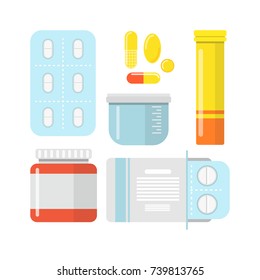 Pills And Capsules Set. Pharmaceuticals Dosage, Drug Store Poster, Medical Concept. Vector Flat Style Cartoon Illustration Isolated On White Background. Vector Illustration.