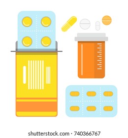 Pills And Capsules Set. Pharmaceuticals Dosage, Drug Store Poster, Medical Concept. Vector Flat Style Cartoon Illustration Isolated On White Background. Vector Illustration.