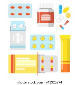 Pills And Capsules Set. Pharmaceuticals Dosage, Drug Store Poster, Medical Concept. Vector Flat Style Cartoon Illustration Isolated On White Background. Vector Illustration.