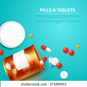 Pills capsules and tablets bottle on blue background realistic vector illustration 