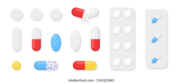 Pills, capsules and tablets set isolated on white background. Realistic drugs and medicines. Drugs, cure and remedy icons or logo.  Cute cartoon design. Flat style vector illustration.