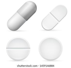 Pills Capsules Template, 3d Realistic White Medical Pill Icon Set Closeup. Pharmacy treatment. Vector