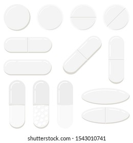 Pills and capsules templates set isolated on white background. White different forms medicine tablets  - round and oblong, oval drugs collection. Vector flat design cartoon style icon illustration.