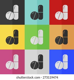 Pills and capsules vector icon - colored set. Flat design