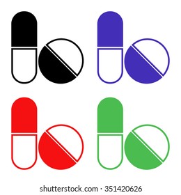 pills and capsules vector icon - colored set