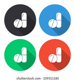 pills and capsules vector icon - colored(gray, blue, green, red) round buttons with long shadow