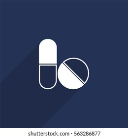 Pills and capsules vector icon with long shadow isolated on  blue