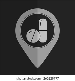 Pills and capsules vector icon - map pointer. Flat design