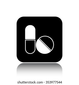 pills and capsules vector icon on black button with reflection