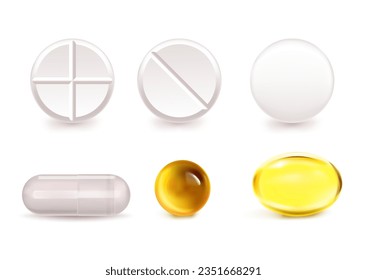 Pills, capsules vector illustration. Fish oil and vitamin D on white background.