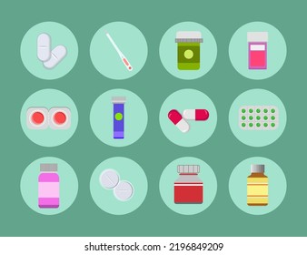 Pilares, cápsulas, vitaminas e iconos de frascos aislados. productos médicos. ilustración vectorial en estilo plano