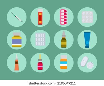 Pilares, cápsulas, vitaminas e iconos de frascos aislados. productos médicos. ilustración vectorial en estilo plano