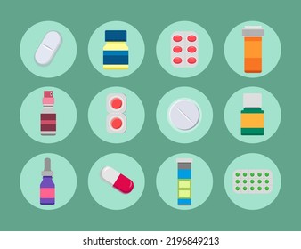 Pilares, cápsulas, vitaminas e iconos de frascos aislados. productos médicos. ilustración vectorial en estilo plano