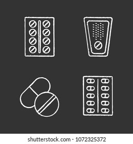 Pills chalk icons set. Medications. Isolated vector chalkboard illustrations