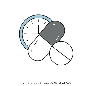 Comprimidos e relógio. Conceito de tempo de medicação, cronograma de tratamento e gestão de saúde. Isolado no fundo branco. Ilustração vetorial e design gráfico.