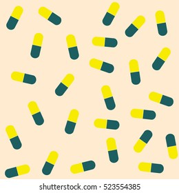 Pills collection. Medical pills and capsules pattern. Colorful pharmacy background. Vector illustration