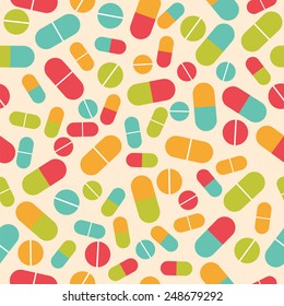 Pills collection. Medical pills and capsules seamless pattern. Colorful pharmacy background. Vector illustration