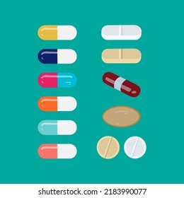 Pills and color capsules ﬂat icons. Vector medicament set. Healthcare template. Vector illustration