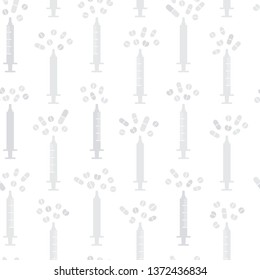 Pills coming out from a vertical syringe. Seamless pattern on transparent background. Easy to edit colors in Illustrator (eps 10 vector).