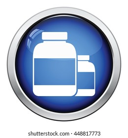 Pills container icon. Glossy button design. Vector illustration.