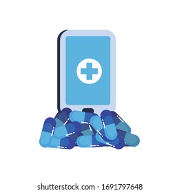Pills and cross inside smartphone flat style icon design of Medical care health emergency aid exam clinic and patient theme Vector illustration