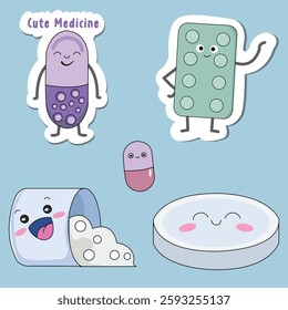 Pills cute cartoon character . Healthcare and medicine design. Funny tablets with smiley face Vector collection. Hand drawn style. Vector medicine drawing. Collection of design elements illustration.