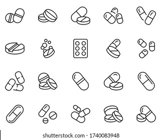 Pills design icons set. Thin line vector icons for mobile concepts and web apps. Premium quality icons in trendy flat style. Collection of high-quality black outline logo