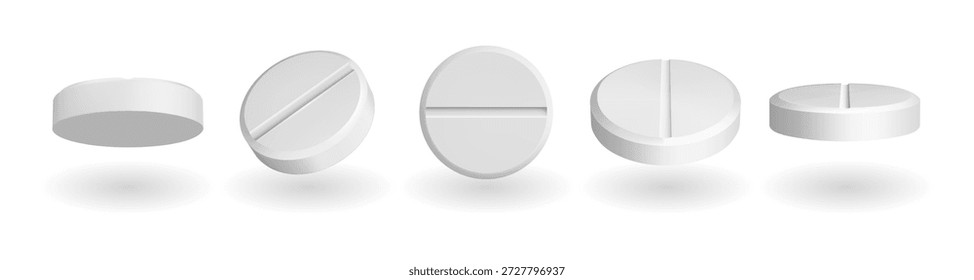 Pillen in verschiedenen Winkeln, realistische Ansicht der Medizin mit leerem Oberteil. Vektor im 3D-Stil, Gesundheitswesen und Behandlung von Krankheiten und Krankheit. Medikamente und Vitamine, Nahrungsergänzungsmittel. Pharmakologie