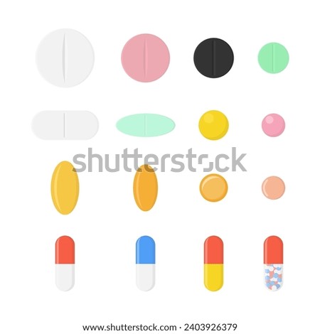 Pills of different shapes and colors flat set illustration