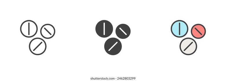 Pills different style icon set. Line, glyph and filled outline colorful version, outline and filled vector sign. Medicines, tablets symbol, logo illustration. Vector graphics