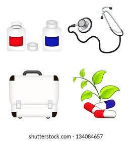 pills, doctor's stethoscope, first aid case. medicine illustration. mesh vector