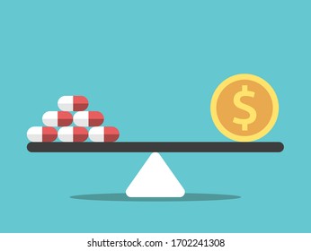 Pills And Dollar Coin On Seesaw Weight Scale. Medicine, Money, Drug, Cost, Price And Health Concept. Flat Design. EPS 8 Vector Illustration, No Transparency, No Gradients