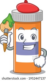 Pills drug bottle artist cartoon picture style paint a landscape using a brush. Vector illustration