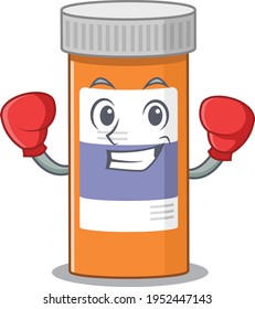 Pills drug bottle Caricature character design as a champion of boxing competition. Vector illustration