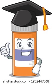 Pills drug bottle caricature picture design with hat for graduation ceremony. Vector illustration