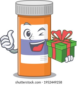 Pills drug bottle cartoon character concept with a big gift box. Vector illustration