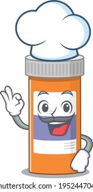 Pills drug bottle chef cartoon drawing style wearing iconic chef hat. Vector illustration